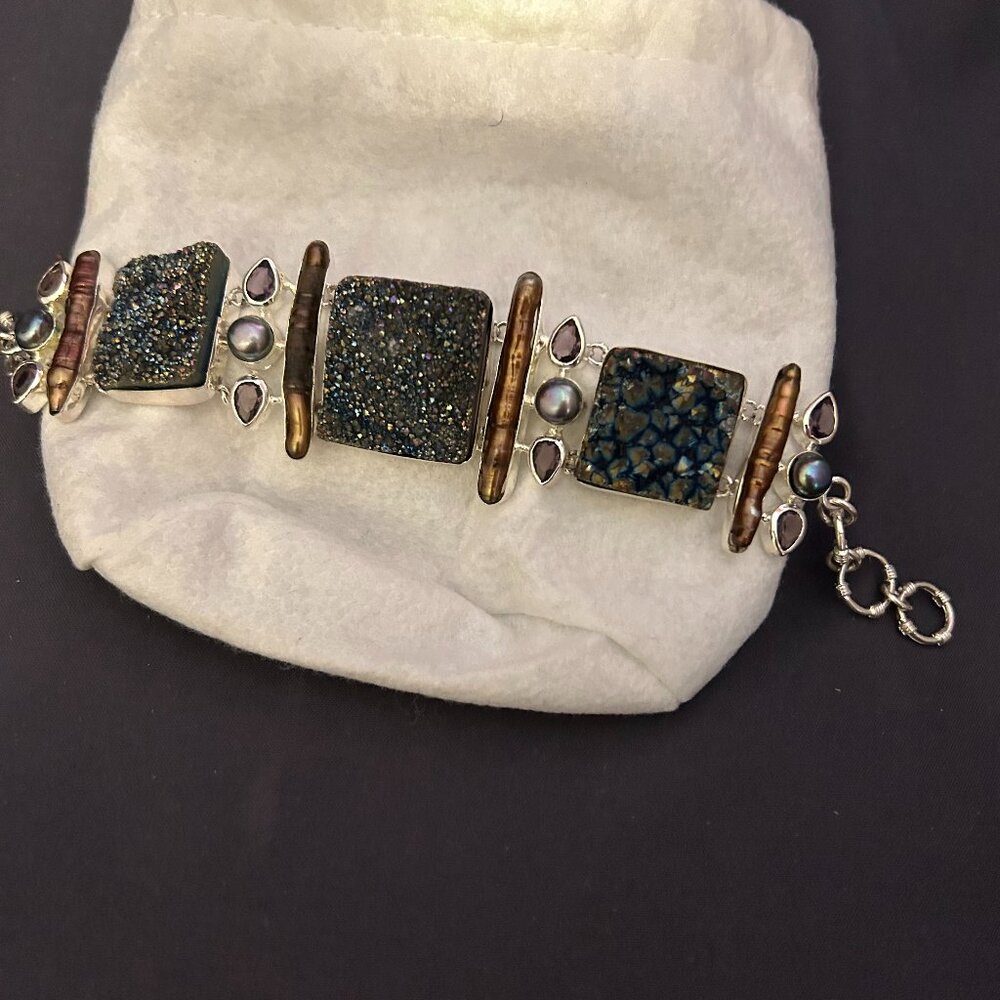 Vintage Chunky Black Druzy and Pearl Bracelet, 8 1/2" with Toggle
